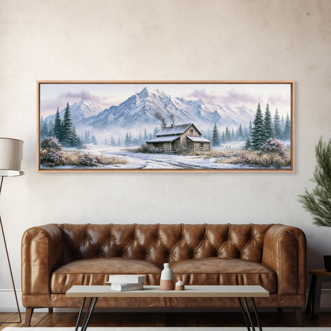 Winter Mountain Scene Framed Canvas Print, Rustic Art, Room Decor, Farmhouse Decor, Fine Art, Rustic, Oil Painting, RUS-3x1-63