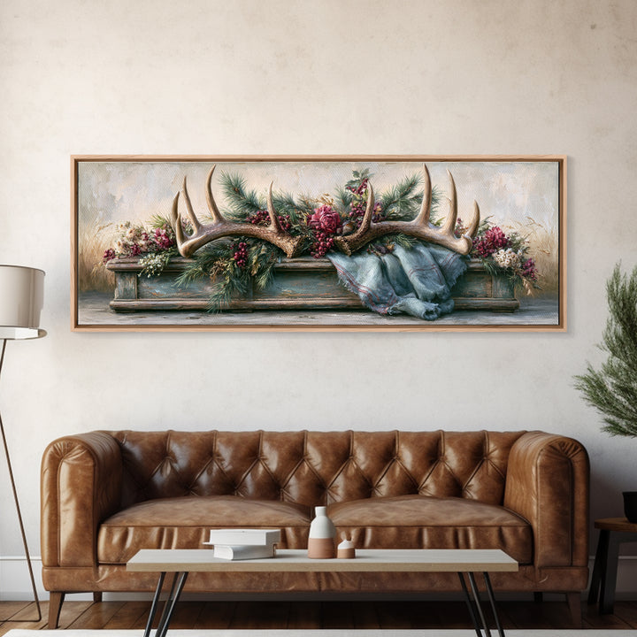 Deer Antlers with Pine Branches and Berries Canvas Print, Rustic Art, Abstract Wall Art, Farmhouse Decor, Watercolor Art, RUS-3x1-66