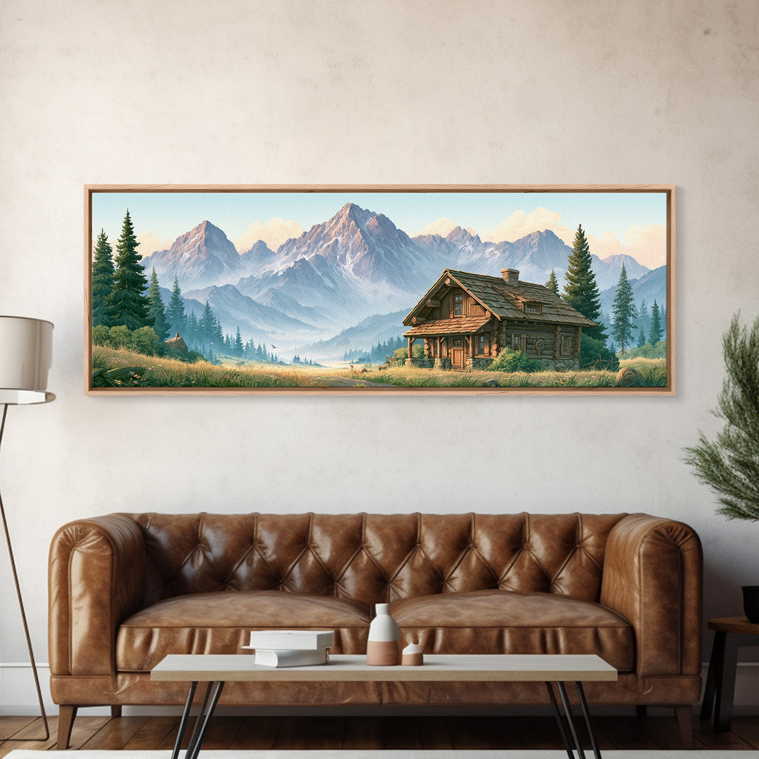 Mountain Cabin Landscape Framed Canvas Print, Rustic Art, Oil Painting, Farmhouse Decor, Fine Art, Rustic, Modern Art, RUS-3x1-67