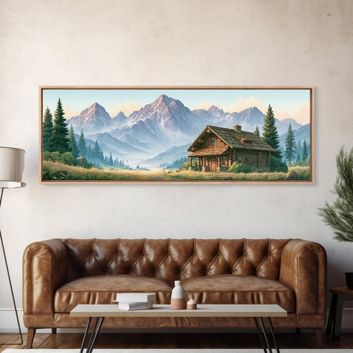 Mountain Cabin Landscape Framed Canvas Print, Rustic Art, Oil Painting, Farmhouse Decor, Fine Art, Rustic, Modern Art, RUS-3x1-67