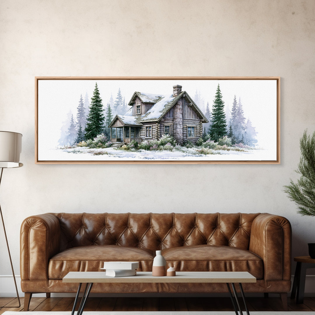 Log Cabin with Snowy Pines Framed Canvas Print, Rustic Art, Wall Decor, Farmhouse Decor, Fine Art, Rustic, Wall Art, Home Decor, RUS-3x1-7