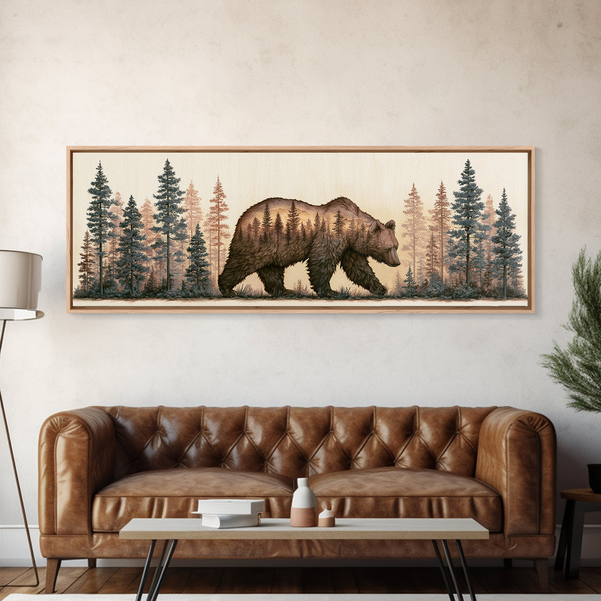 Bear Silhouette Among Pine Trees Canvas Print, Rustic Art, Digital Print, Farmhouse Decor, Fine Art, Rustic, Landscape Painting, RUS-3x1-71