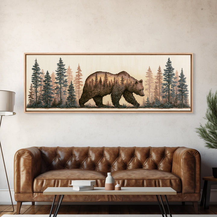 Bear Silhouette Among Pine Trees Canvas Print, Rustic Art, Digital Print, Farmhouse Decor, Fine Art, Rustic, Landscape Painting, RUS-3x1-71