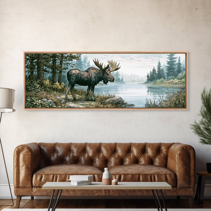 Moose Standing by a Quiet Lake Framed Canvas Print, Rustic Art, Gallery Wall Art, Farmhouse Decor, Oil Painting, Rustic, RUS-3x1-73