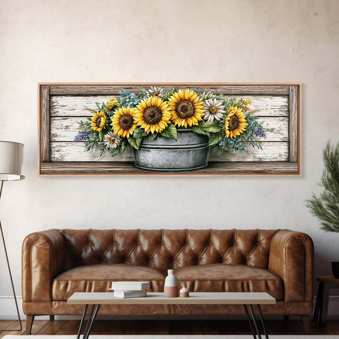 Sunflowers in a Metal Bucket Canvas Print, Rustic Art, Home Decor, Farmhouse Decor, Oil Painting, Rustic, Living Room Decor, RUS-3x1-76