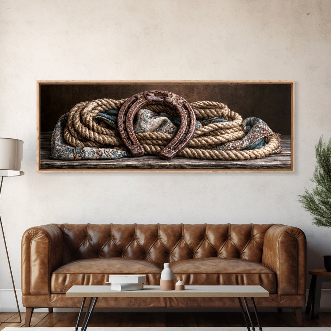 Rusty Horseshoe and Rope Composition Framed Canvas Print, Rustic Art, Modern Art, Farmhouse Decor, Rustic, Neutral Decor, RUS-3x1-77