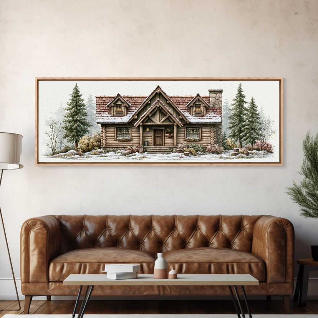 Log Cabin with Snowy Pines Framed Canvas Print, Rustic Art, Printable Art, Farmhouse Decor, Oil Painting, Rustic, RUS-3x1-79