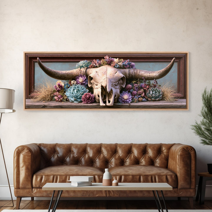Cow Skull with Desert Flowers Framed Canvas Print, Rustic Art, Landscape Painting, Farmhouse Decor, Watercolor Art, Rustic, RUS-3x1-81