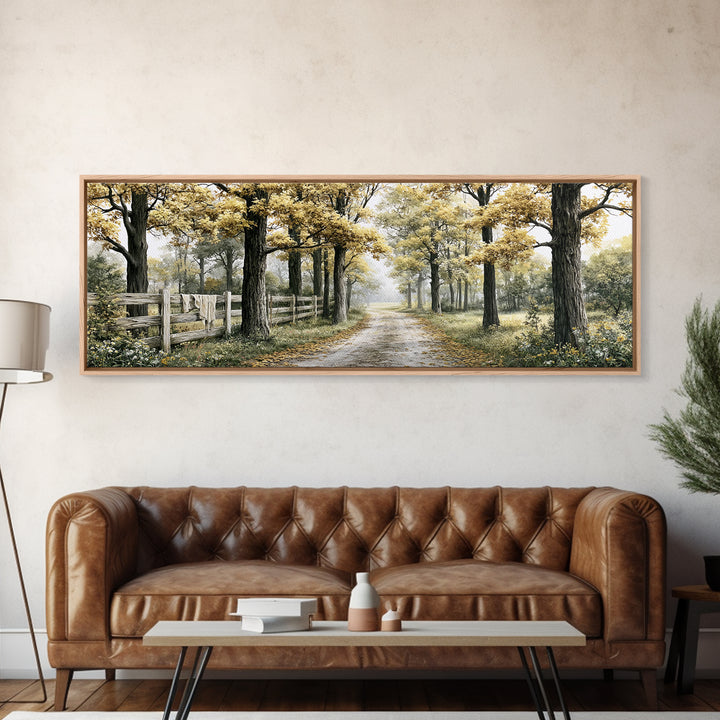 Forest Path with Golden Autumn Leaves Framed Canvas Print, Rustic Art, Farmhouse Decor, Oil Painting, Rustic, Gallery Wall Art, RUS-3x1-82
