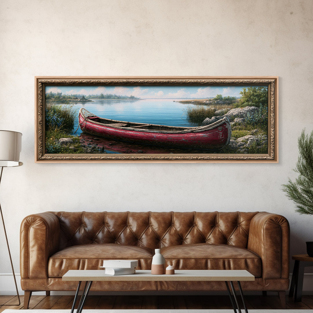Old Canoe Pulled Onto a Lake Shore Framed Canvas Print, Rustic Art, Painting, Farmhouse Decor, Fine Art, Rustic, Boho Wall Art, RUS-3x1-84