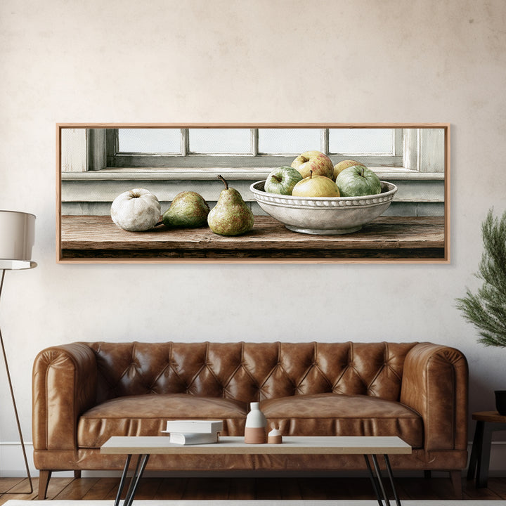 Rustic Pear and Apple Still Life Canvas Print, Rustic Art, Eclectic Wall Art, Farmhouse Decor, Oil Painting, Rustic, RUS-3x1-85