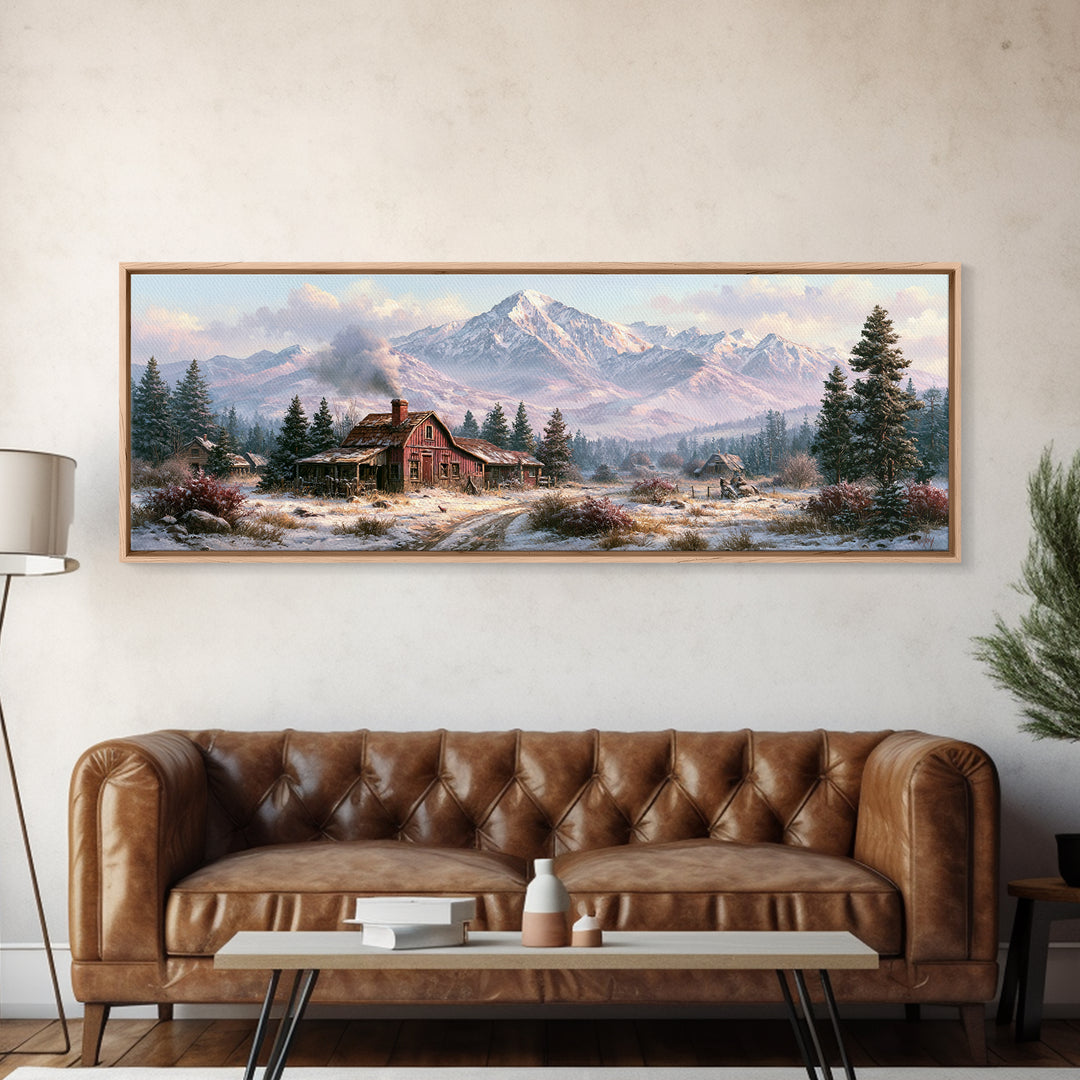 Winter Mountain Scene Framed Canvas Print, Rustic Art, Printable Wall Art, Farmhouse Decor, Watercolor Art, Rustic, Wood Art, RUS-3x1-87