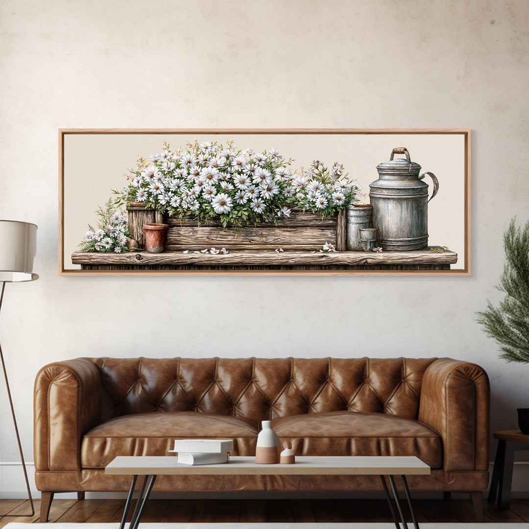 Weathered Barn Wood and Wildflower Still Life Framed Canvas Print, Rustic Art, Living Room Art, Farmhouse Decor, Rustic, RUS-3x1-89