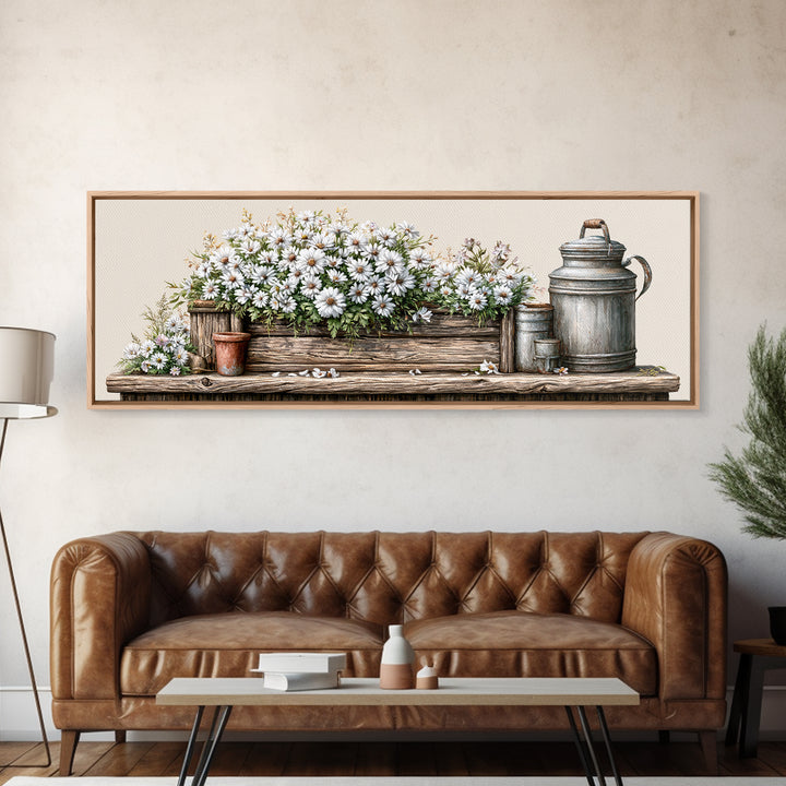 Weathered Barn Wood and Wildflower Still Life Framed Canvas Print, Rustic Art, Living Room Art, Farmhouse Decor, Rustic, RUS-3x1-89