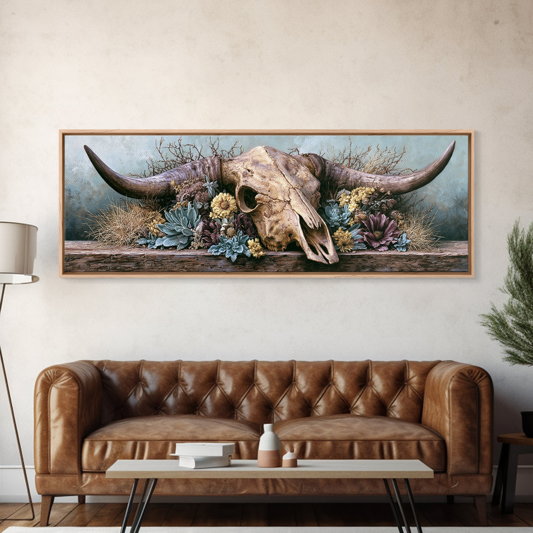 Cow Skull with Desert Flowers Framed Canvas Print, Rustic Art, Wood Wall Art, Farmhouse Decor, Rustic, Eclectic Wall Art, RUS-3x1-9