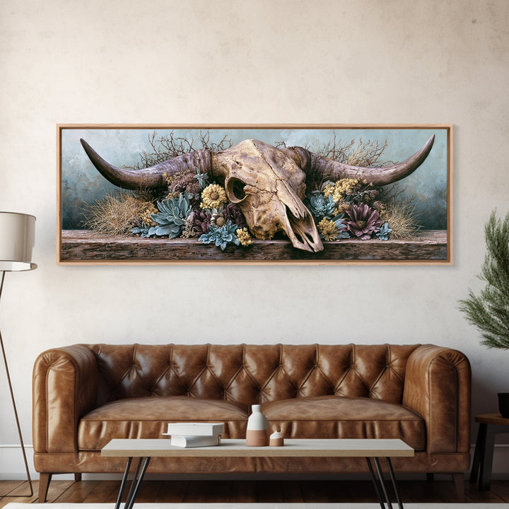 Cow Skull with Desert Flowers Framed Canvas Print, Rustic Art, Wood Wall Art, Farmhouse Decor, Rustic, Eclectic Wall Art, RUS-3x1-9