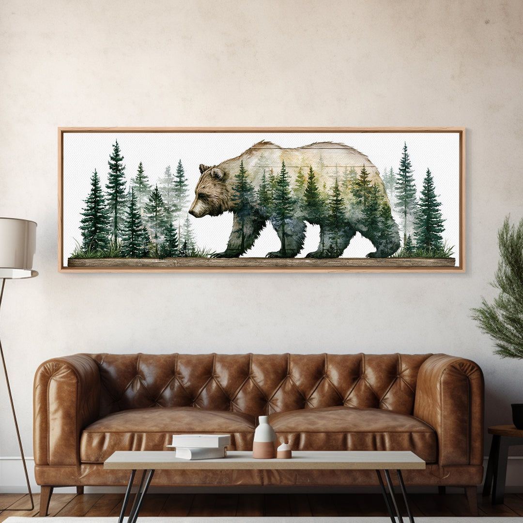 Bear Silhouette Among Pine Trees Canvas Print, Rustic Art, Textured Painting, Farmhouse Decor, Oil Painting, Rustic, RUS-3x1-95