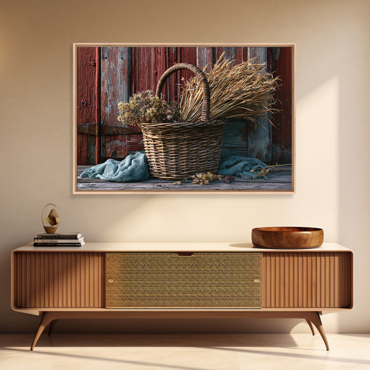 Handwoven Basket with Dried Grasses Framed Canvas Print, Rustic Art, Modern Decor, Farmhouse Decor, Oil Painting, Rustic, RUS-3x2-100