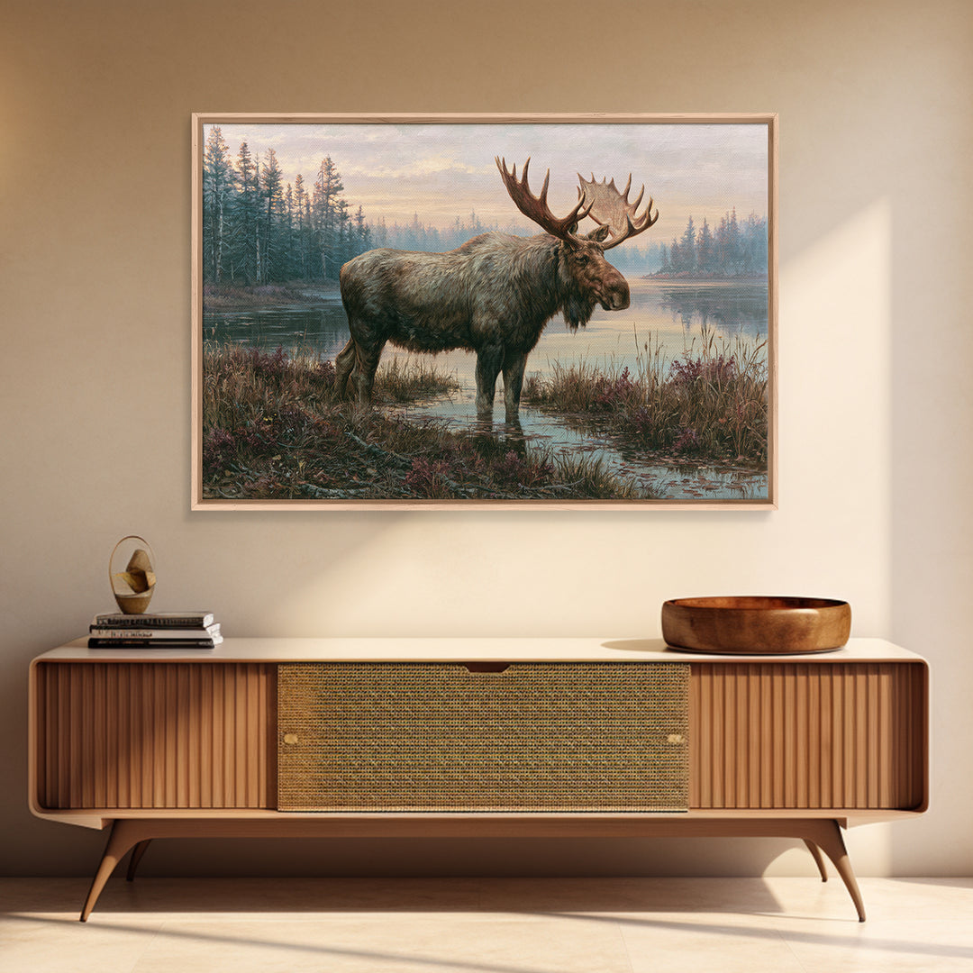 Moose Standing by a Quiet Lake Framed Canvas Print, Rustic Art, Boho Wall Art, Farmhouse Decor, Rustic, Downloadable Art, RUS-3x2-13