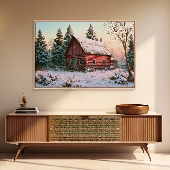 Log Cabin with Snowy Pines Framed Canvas Print, Rustic Art, Farmhouse Wall Art, Farmhouse Decor, Rustic, Statement Artwork, RUS-3x2-19