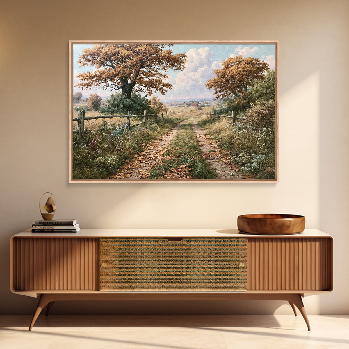 Forest Path with Golden Autumn Leaves Canvas Print, Rustic Art, Digital Print, Farmhouse Decor, Rustic, Landscape Painting, RUS-3x2-22