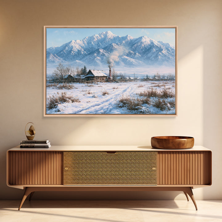 Winter Mountain Scene Framed Canvas Print, Rustic Art, Wood Art, Farmhouse Decor, Fine Art, Rustic, Wall Decor, Neutral Decor, RUS-3x2-27