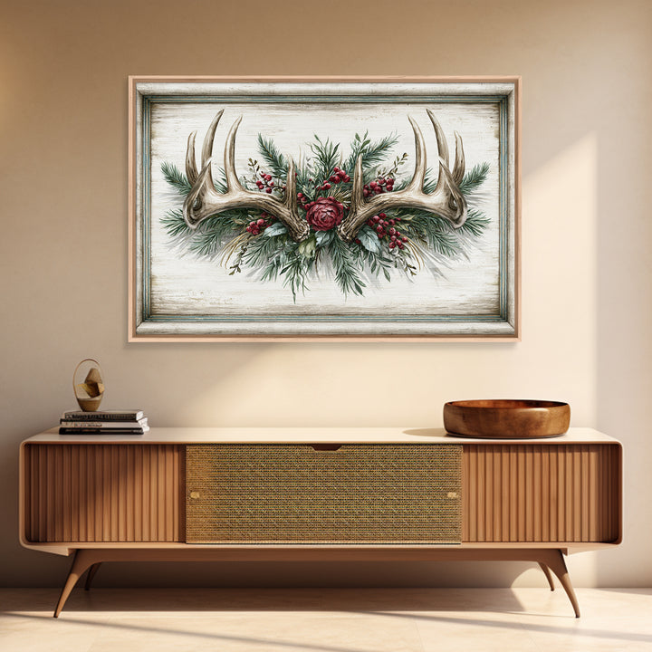 Deer Antlers with Pine Branches and Berries Canvas Print, Rustic Art, 3d Wall Art, Farmhouse Decor, Oil Painting, Rustic, RUS-3x2-30