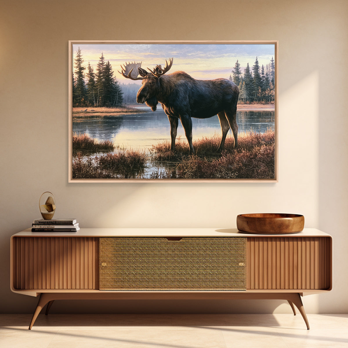 Moose Standing by a Quiet Lake Canvas Print, Rustic Art, Landscape Painting, Farmhouse Decor, Fine Art, Rustic, Modern Decor, RUS-3x2-37
