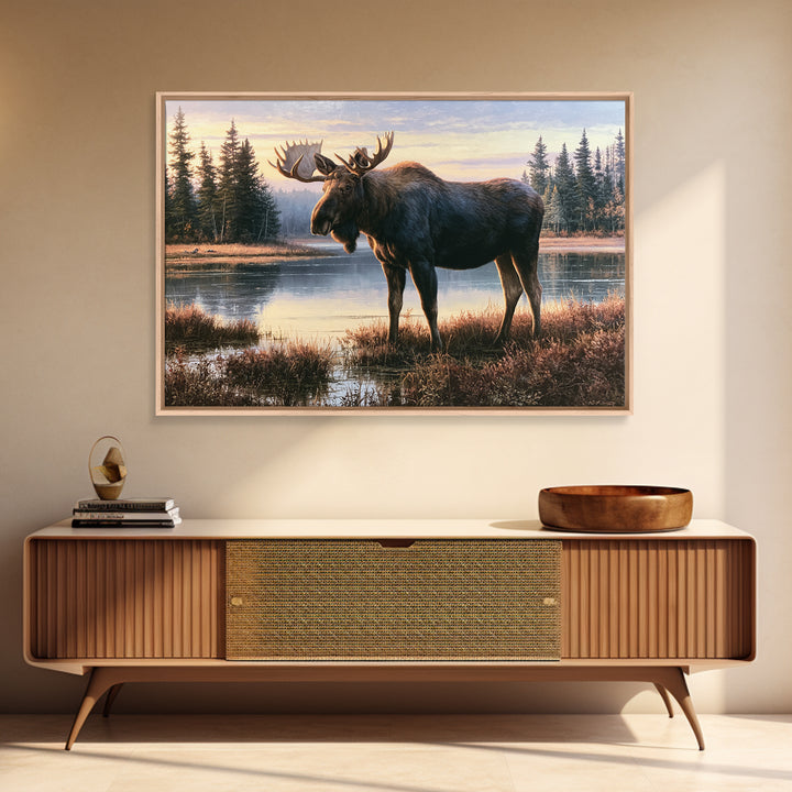 Moose Standing by a Quiet Lake Canvas Print, Rustic Art, Landscape Painting, Farmhouse Decor, Fine Art, Rustic, Modern Decor, RUS-3x2-37