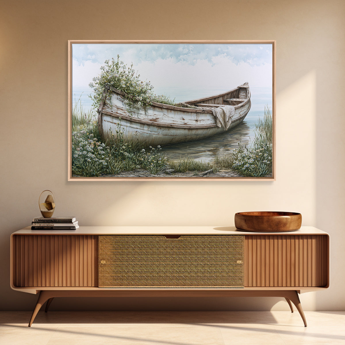 Old Canoe Pulled Onto a Lake Shore Canvas Print, Rustic Art, Landscape Painting, Farmhouse Decor, Rustic, Modern Decor, RUS-3x2-48