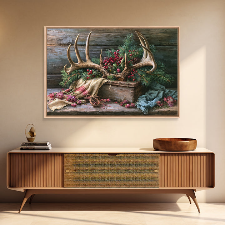 Deer Antlers with Pine Branches and Berries Canvas Print, Rustic Art, 3d Wall Art, Farmhouse Decor, Oil Painting, Rustic, RUS-3x2-54