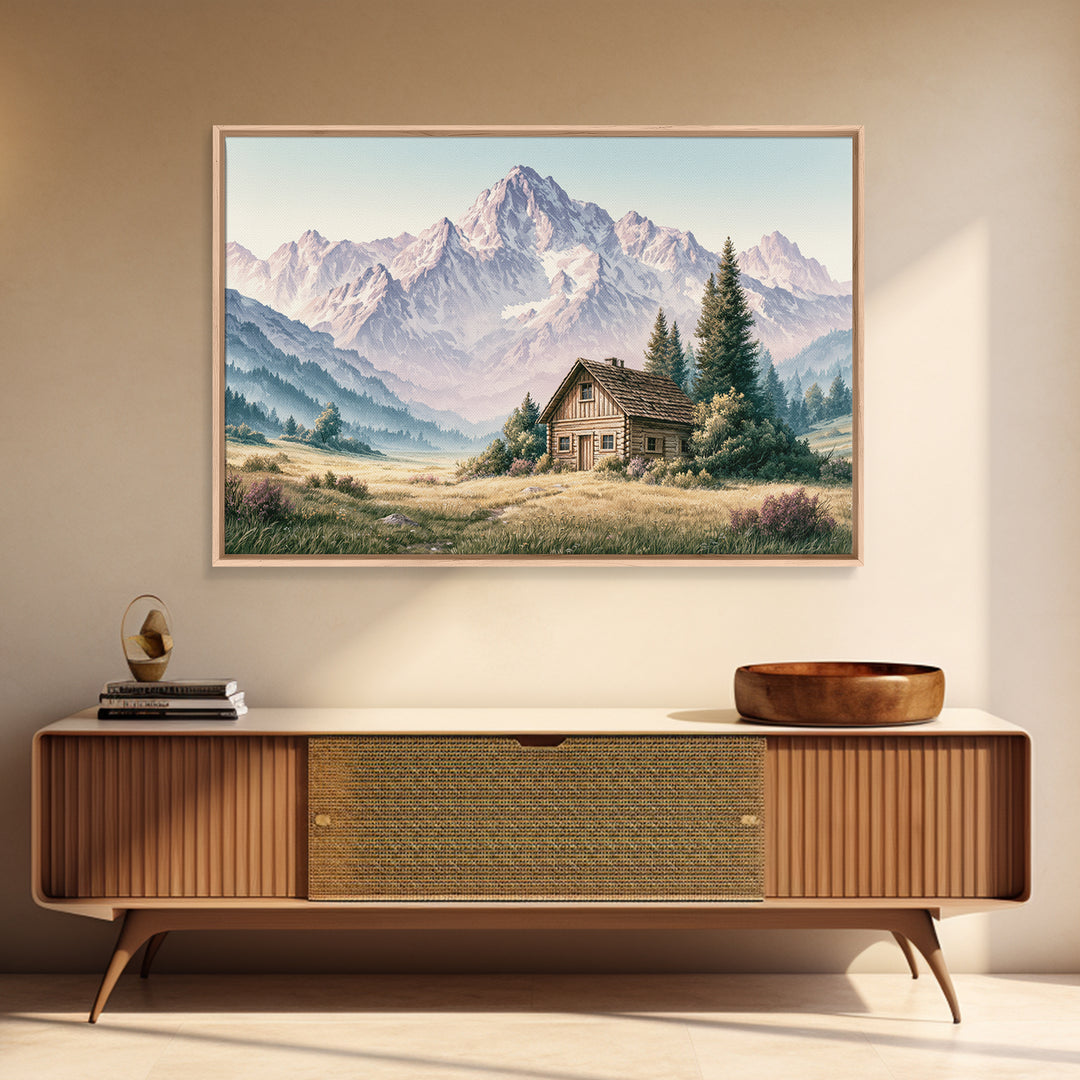Mountain Cabin Landscape Framed Canvas Print, Rustic Art, Painting, Farmhouse Decor, Fine Art, Rustic, Boho Wall Art, RUS-3x2-55