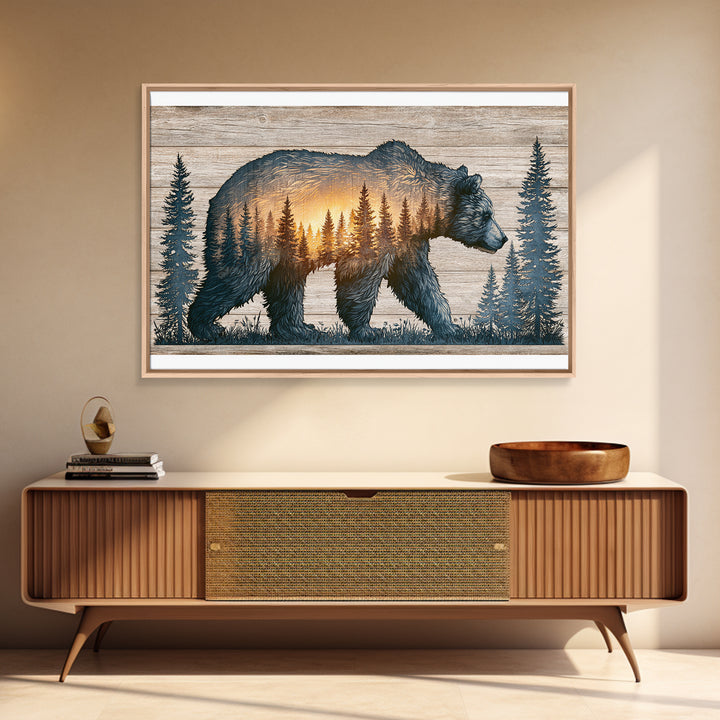 Bear Silhouette Among Pine Trees Framed Canvas Print, Rustic Art, Luxury Decor, Farmhouse Decor, Oil Painting, Rustic, RUS-3x2-59