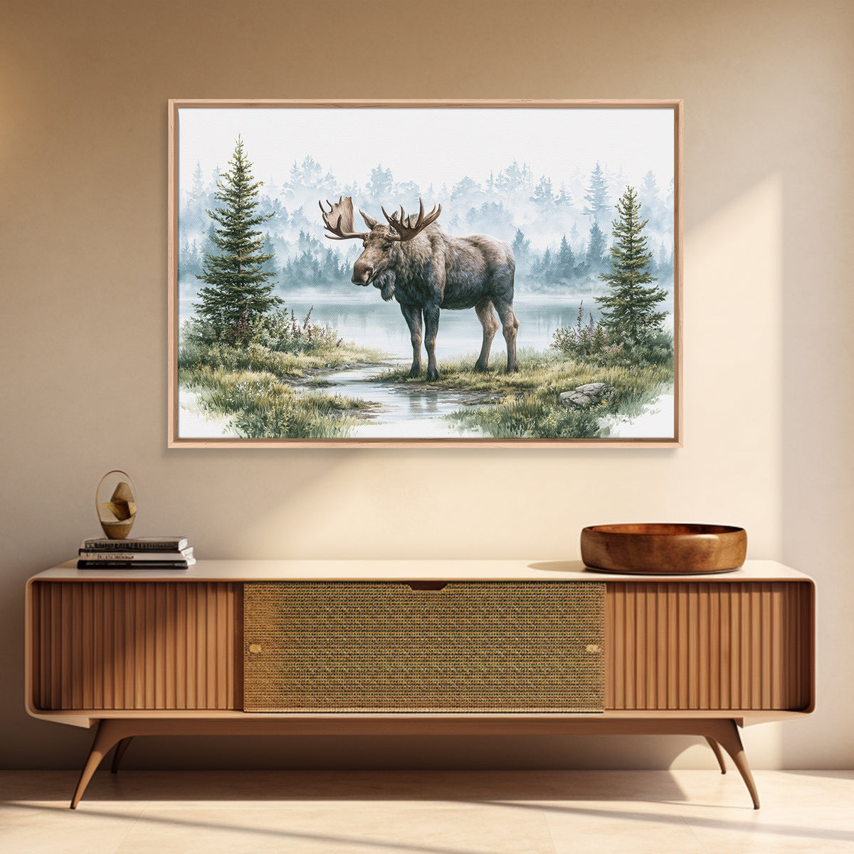 Moose Standing by a Quiet Lake Canvas Print, Rustic Art, Landscape Painting, Farmhouse Decor, Fine Art, Rustic, Modern Decor, RUS-3x2-61