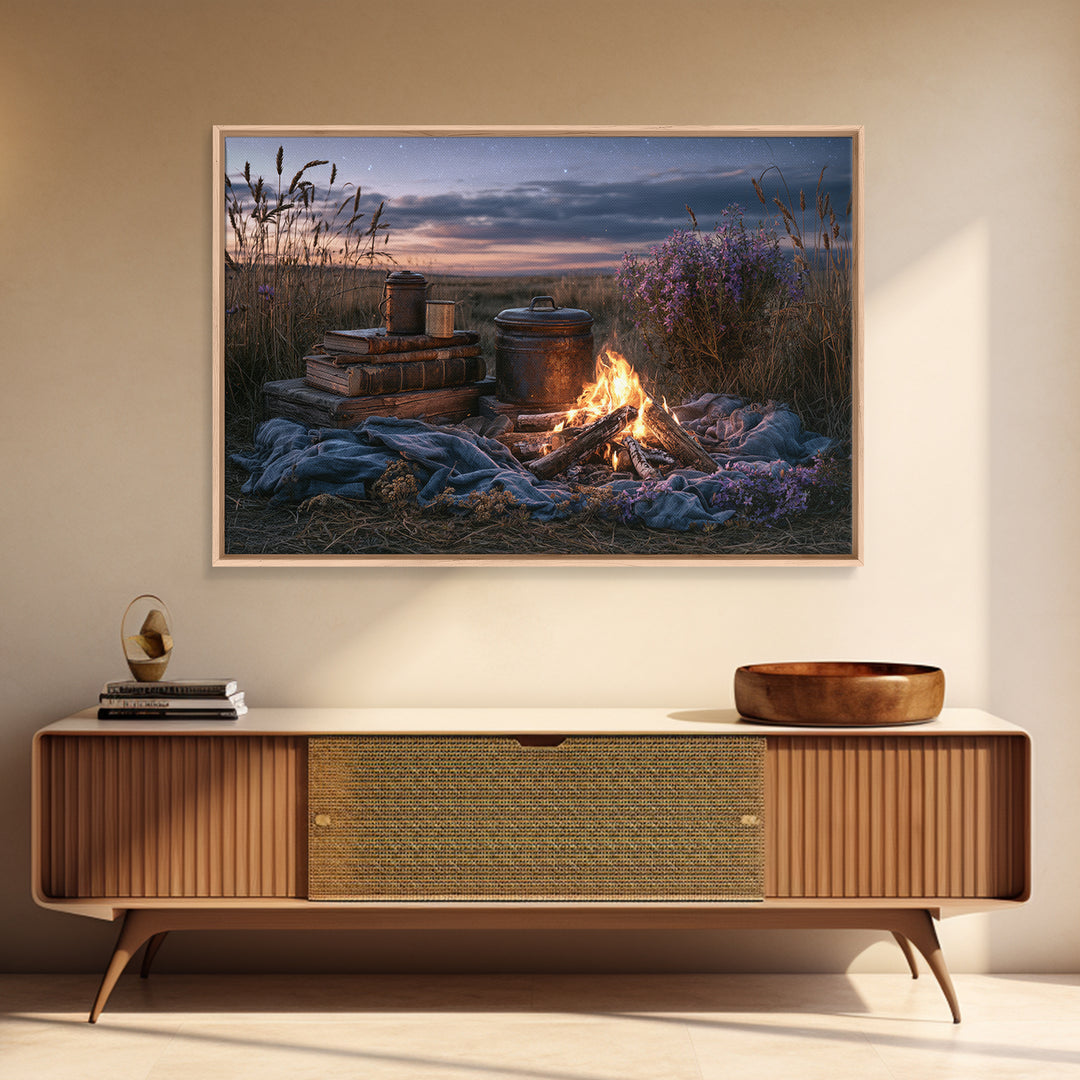 Campfire under a Starry Sky Canvas Print, Rustic Art, Farmhouse Decor, Fine Art, Rustic, Gallery Wall Art, Landscape Wall Art, RUS-3x2-62