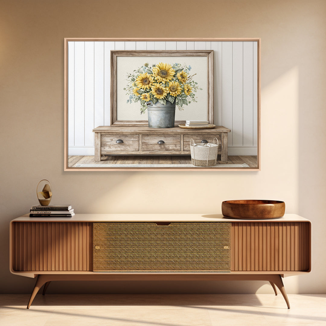 Sunflowers in a Metal Bucket Framed Canvas Print, Rustic Art, Gallery Decor, Farmhouse Decor, Fine Art, Rustic, RUS-3x2-64