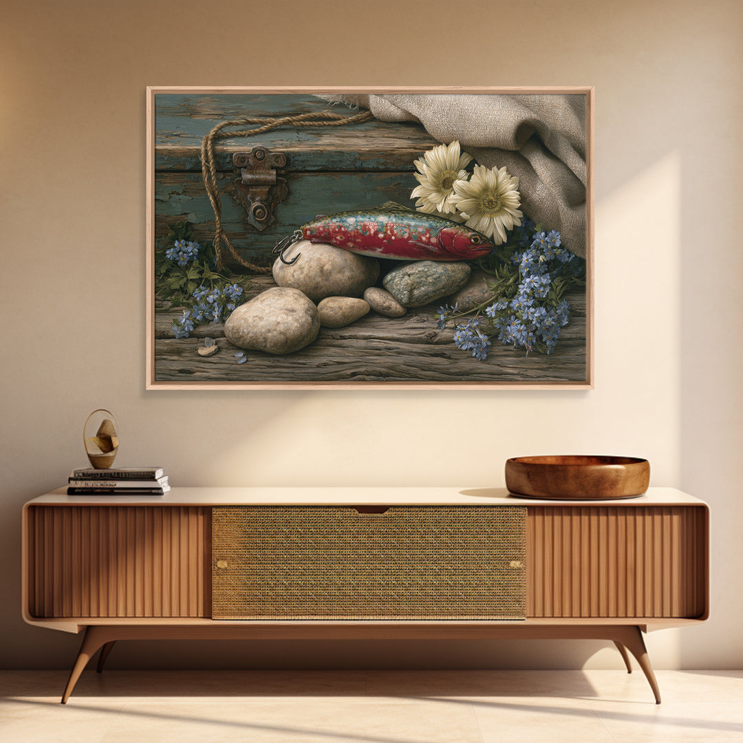 Trout Fishing Lure and River Stones Canvas Print, Rustic Art, Living Room Decor, Farmhouse Decor, Rustic, Landscape Wall Art, RUS-3x2-66