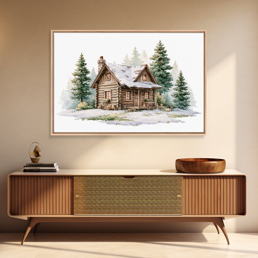 Log Cabin with Snowy Pines Canvas Print, Rustic Art, Textured Painting, Farmhouse Decor, Watercolor Art, Rustic, Digital Print, RUS-3x2-67