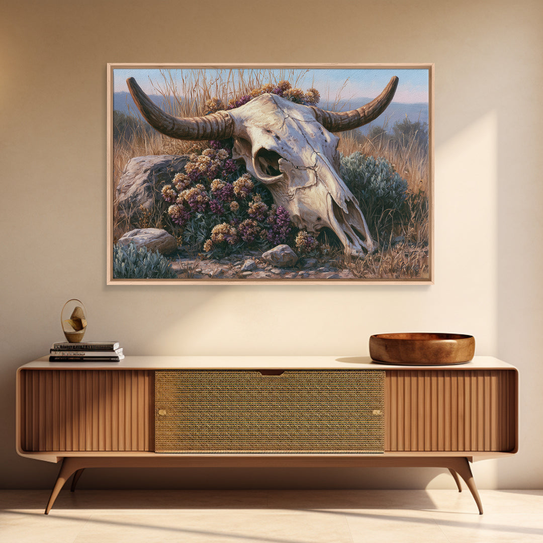Cow Skull with Desert Flowers Framed Canvas Print, Rustic Art, Farmhouse Wall Art, Farmhouse Decor, Fine Art, Rustic, RUS-3x2-69