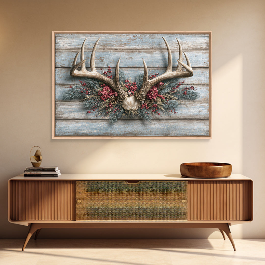 Deer Antlers with Pine Branches and Berries Framed Canvas Print, Rustic Art, Eclectic Wall Art, Farmhouse Decor, Watercolor Art, RUS-3x2-78