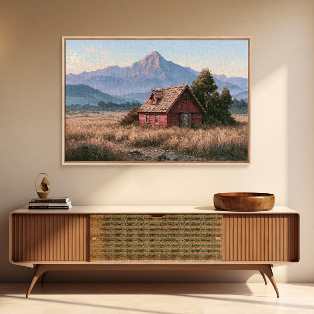 Mountain Cabin Landscape Framed Canvas Print, Rustic Art, Landscape Wall Art, Farmhouse Decor, Fine Art, Rustic, Luxury Decor, RUS-3x2-79