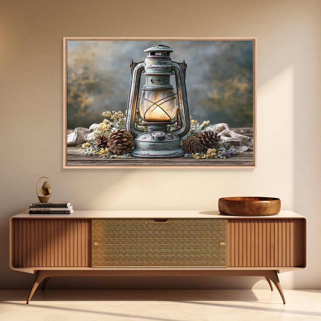 Rustic Lantern Glowing Beside Pinecones Framed Canvas Print, Rustic Art, Fine Art Print, Farmhouse Decor, Watercolor Art, RUS-3x2-80