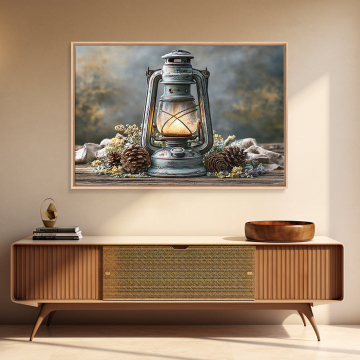 Rustic Lantern Glowing Beside Pinecones Framed Canvas Print, Rustic Art, Fine Art Print, Farmhouse Decor, Watercolor Art, RUS-3x2-80
