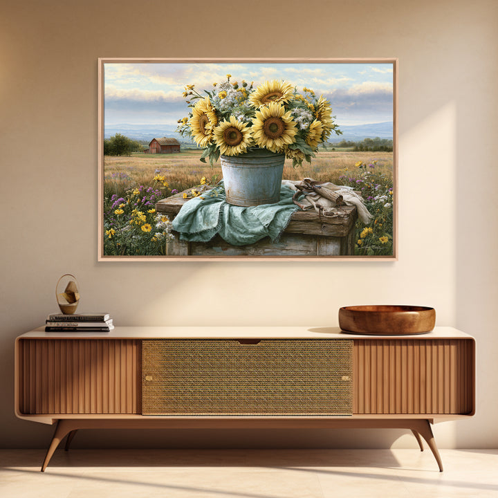 Sunflowers in a Metal Bucket Canvas Print, Rustic Art, Boho Decor, Farmhouse Decor, Oil Painting, Rustic, Digital Art, RUS-3x2-88