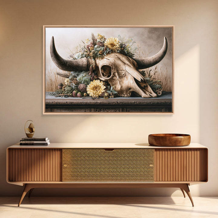 Cow Skull with Desert Flowers Canvas Print, Rustic Art, Living Room Art, Farmhouse Decor, Oil Painting, Rustic, RUS-3x2-93