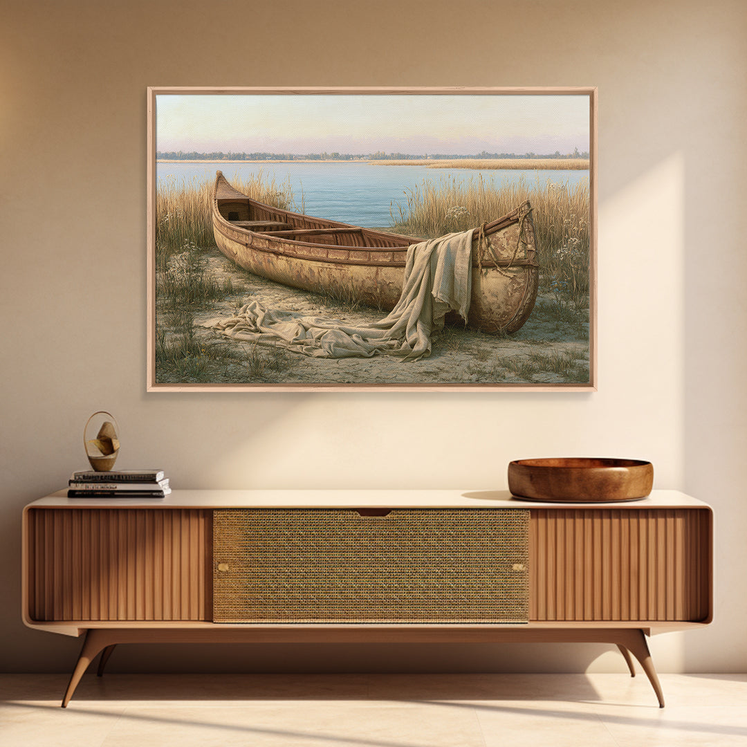 Old Canoe Pulled Onto a Lake Shore Framed Canvas Print, Rustic Art, Luxury Decor, Farmhouse Decor, Fine Art, Rustic, RUS-3x2-96