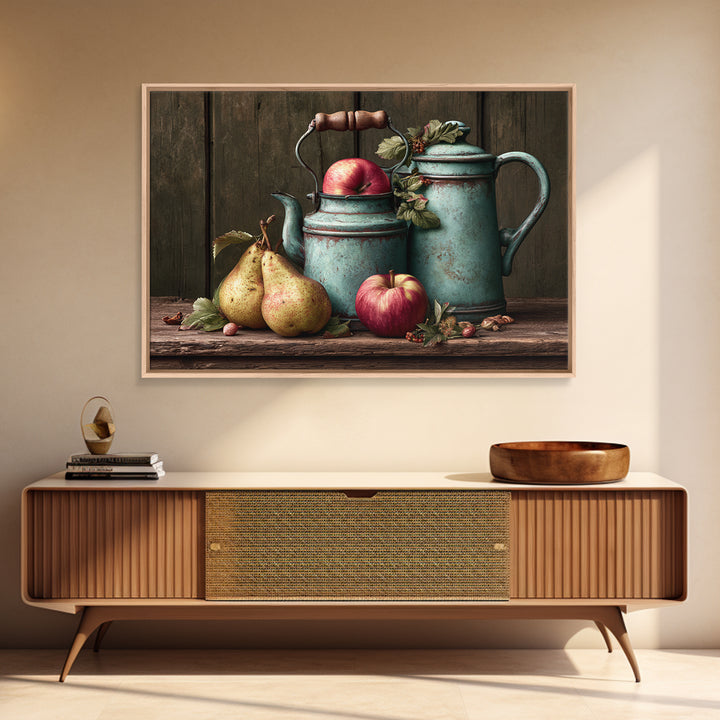 Rustic Pear and Apple Still Life Framed Canvas Print, Rustic Art, Gallery Wall Set, Farmhouse Decor, Watercolor Art, Rustic, RUS-3x2-97