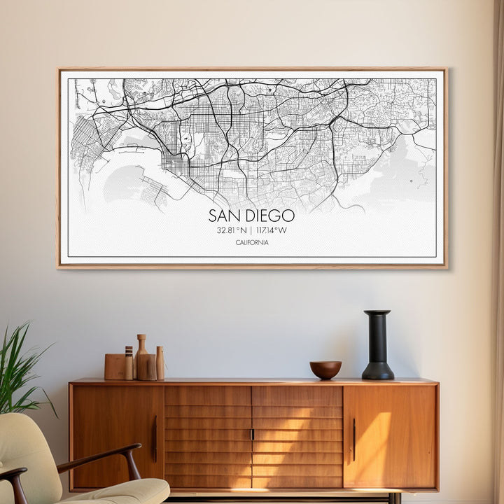 San Diego City Map, California Art, Map Print, Modern Wall Art, Wall Art, Canvas Art, Home Décor Prints, Friendship Gift, Horizontal Art