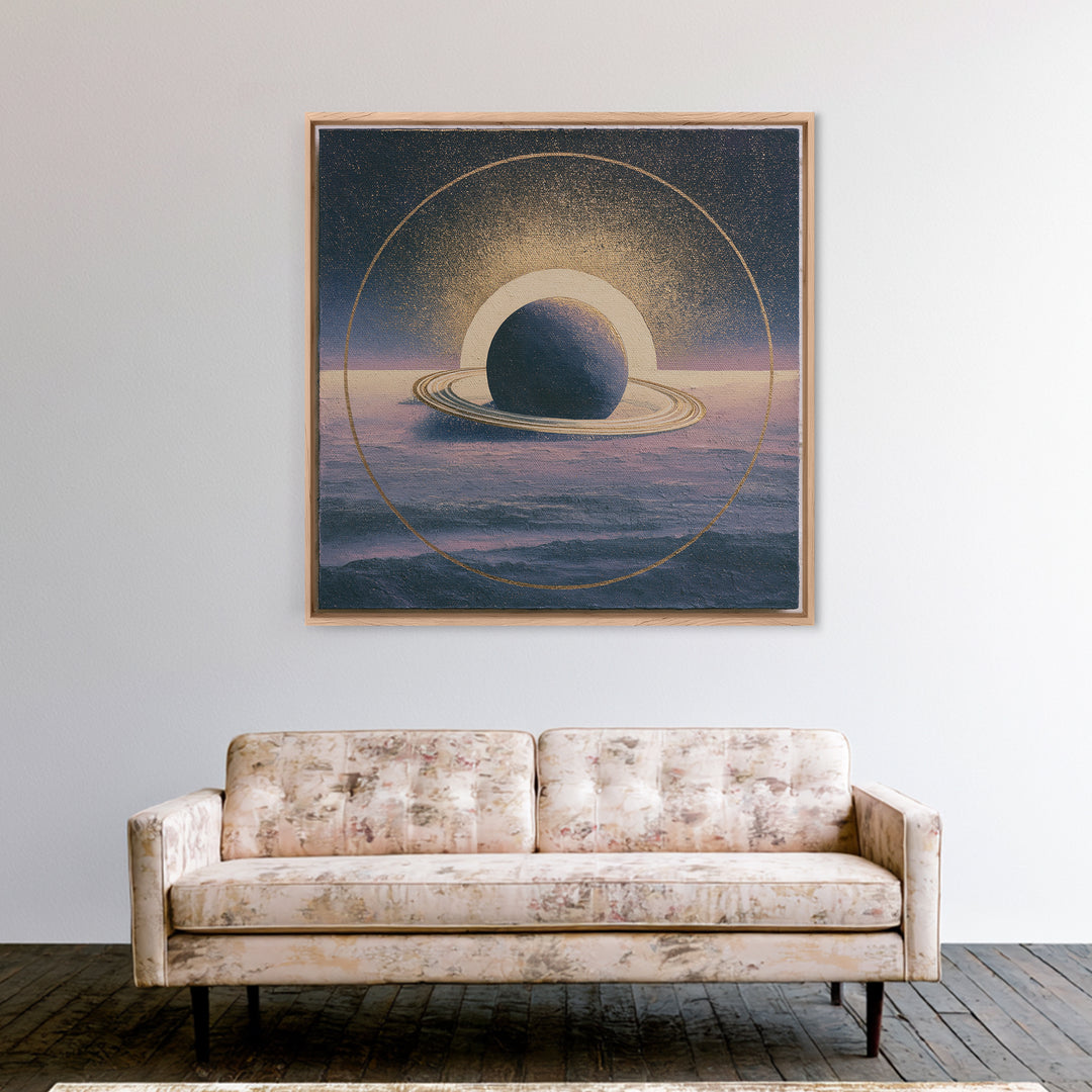 Ringed Planet Rising Framed Canvas Print, Space Art, Retro Wall Art, Spa Decor, Oil Painting, Serenity, Textured Painting, SAR-1x1-2