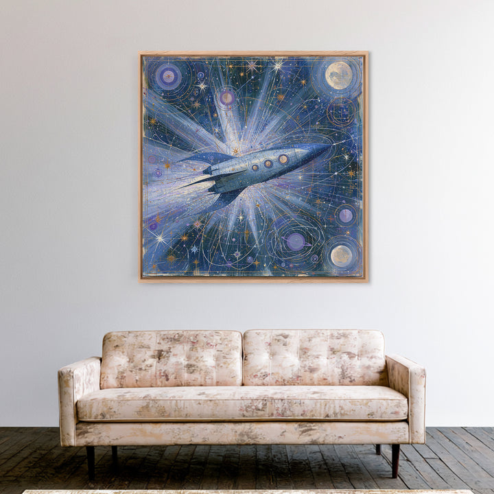 Rocket Ship Crossing a Retro Star Field Framed Canvas Print, Space Art, Fine Art Print, Spa Decor, Watercolor Art, Serenity, SAR-1x1-34